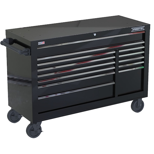 Photo of PROTO black rolling tool chest JSTV5539RD13BK with multiple drawers, side handle, and four caster wheels, front angle.