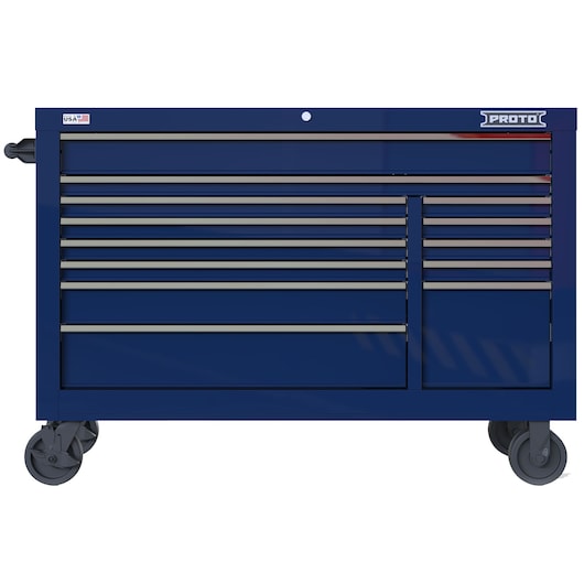 PROTO JSTV5539RD13BL blue rolling tool chest with multiple drawers, front view, white background.