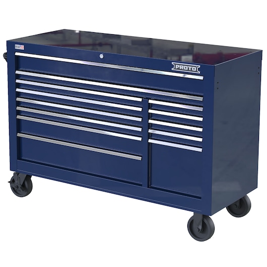 PROTO JSTV5539RD13BL blue rolling tool chest with multiple drawers, side angle, white background.