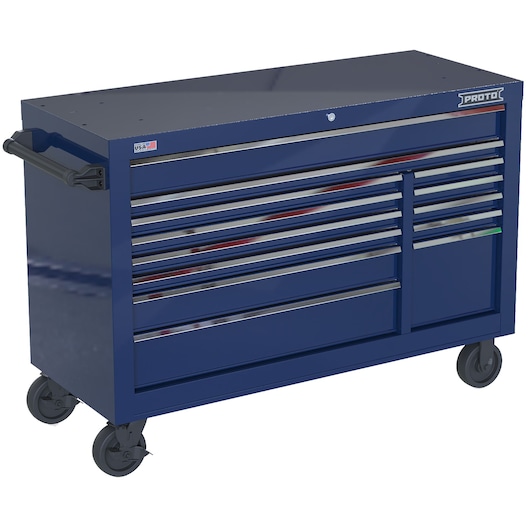 PROTO blue rolling tool chest JSTV5539RD13BL with multiple drawers, black handle, and caster wheels, front angle.