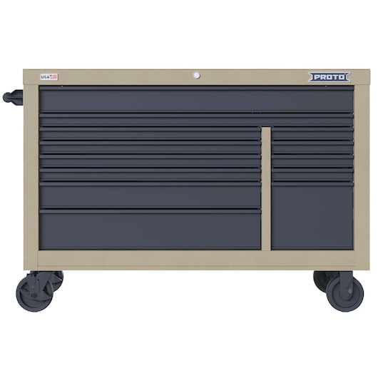 PROTO JSTV5539RD13DT beige and dark gray rolling tool chest with multiple drawers, front view on white background.