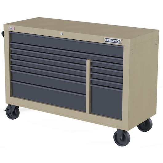 PROTO JSTV5539RD13DT beige and black rolling tool cabinet with multiple drawers, front angle on white background.