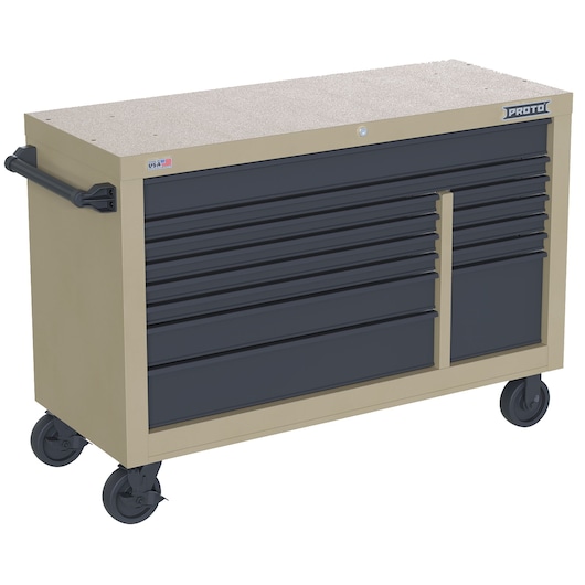 Photo of PROTO JSTV5539RD13DT tool chest cabinet with beige frame, black drawers, and caster wheels, angled view.