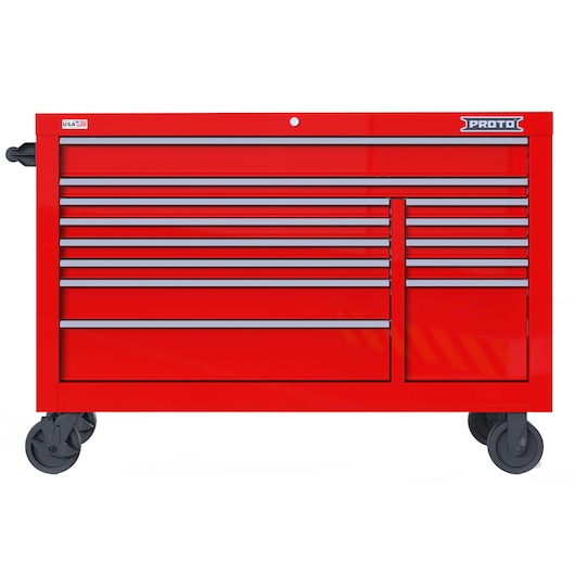 Photo of PROTO JSTV5539RD13RD red rolling tool chest with multiple drawers, front angle on white background.