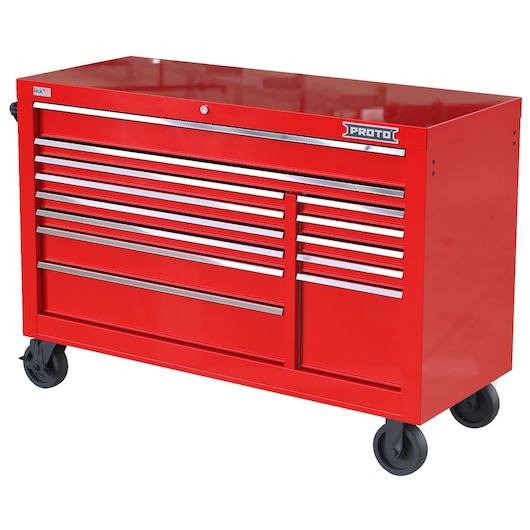 PROTO JSTV5539RD13RD red rolling tool chest with multiple drawers, side angle on white background.