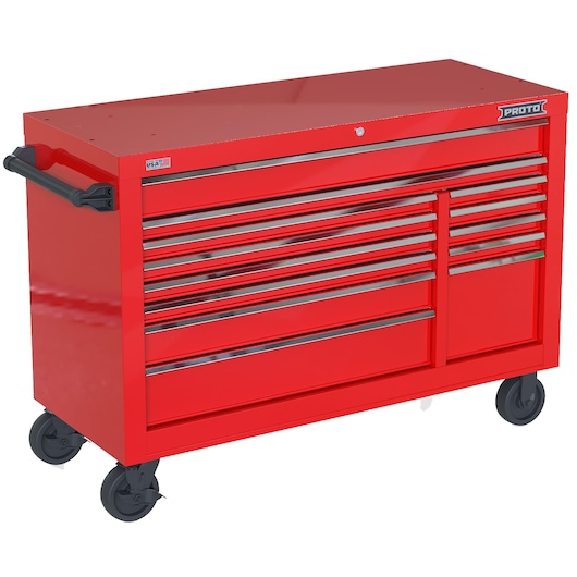PROTO JSTV5539RD13RD red rolling tool cabinet with multiple drawers, side handle, and caster wheels, front angle.