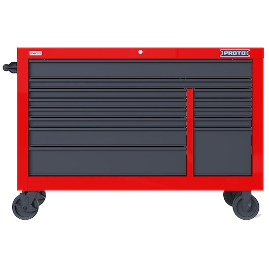 PROTO JSTV5539RD13RG tool chest with red frame, black drawers, and casters, front view on white background.