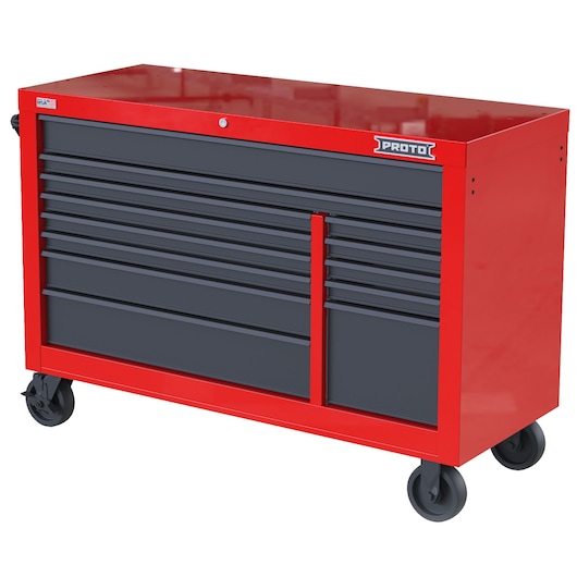 PROTO JSTV5539RD13RG red and black rolling tool chest with multiple drawers, side angle on white background.