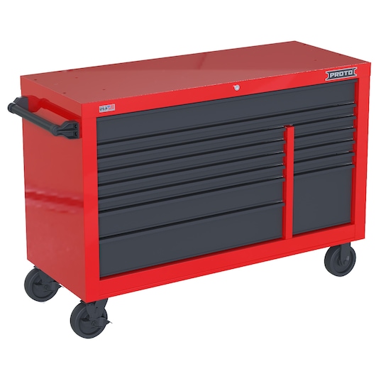 PROTO JSTV5539RD13RG red and black rolling tool cabinet with multiple drawers, left side handle, white background.