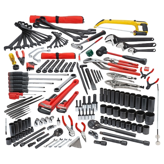 PROTO JTS-0172RR mechanics tool set with assorted wrenches, sockets, pliers, screwdrivers, and hand tools, top view.
