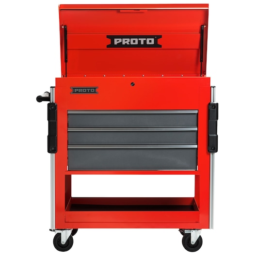 PROTO JUC3743-3SG red rolling tool chest with three drawers, open top compartment, and side handles, front view.