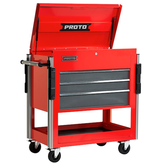 PROTO JUC3743-3SG red rolling tool chest with open top lid, three drawers, and side handles, front angle.