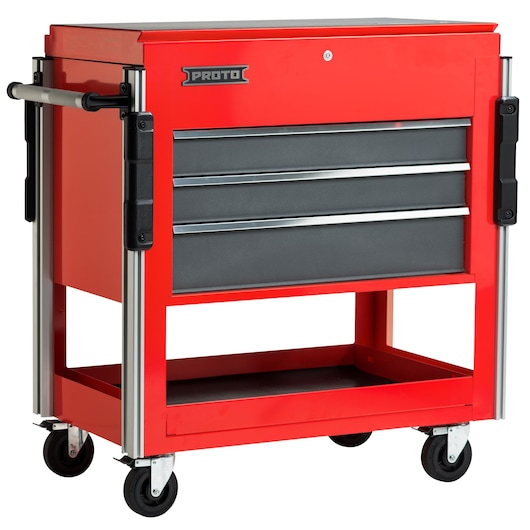PROTO JUC3743-3SG red rolling tool chest with three drawers, side handles, and caster wheels, front angle.