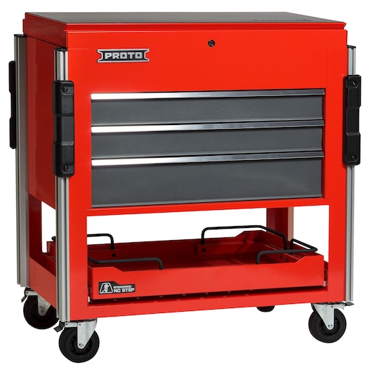 PROTO JUC3743-3SG red rolling tool cabinet with three drawers, open bottom shelf, and locking casters, front angle.