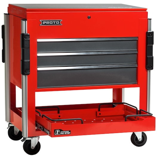 Photo of PROTO red rolling tool chest JUC3743-3SG with three black drawers and bottom tray, shown at front angle.