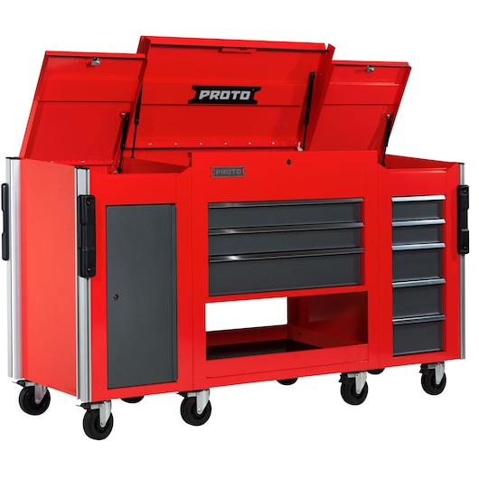 PROTO JUC3743-3SG red rolling tool cabinet with multiple drawers, side compartments, and open top, front angle.