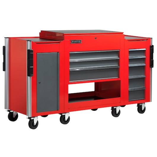 PROTO JUC3743-3SG red rolling tool cabinet with multiple drawers and side compartments, front angle.